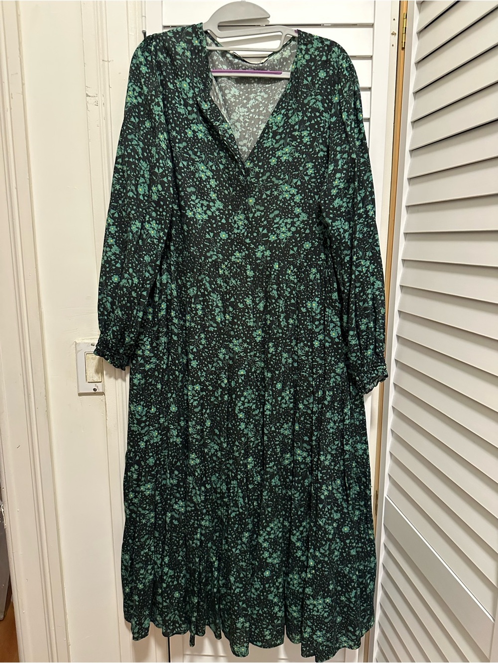 Zara Black Dress with Green Floral Print, Long Sleeve Midi